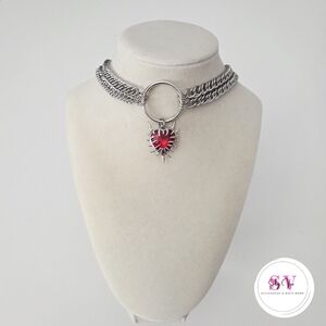 Silver Choker With Red Heart Decor